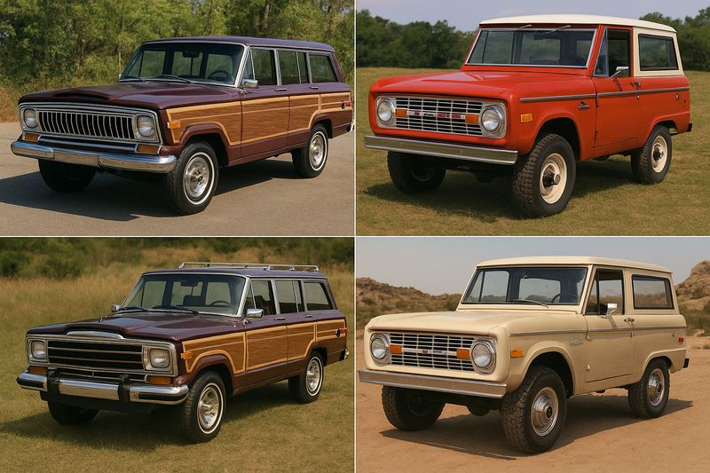 Kolaż przedstawiający klasyczne SUV-y z lat 60. i 80. XX wieku, m.in. Jeepa Wagoneera i Forda Bronco.