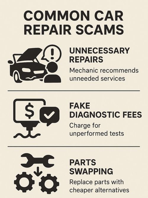Infografía que muestra estafas típicas en la reparación de automóviles, como reparaciones innecesarias, cargos de diagnóstico falsos y cambio de piezas, para ayudar a los compradores a evitar fraudes.