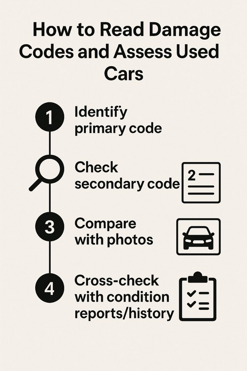 Infographic showing step-by-step guide for interpreting car damage codes at auctions