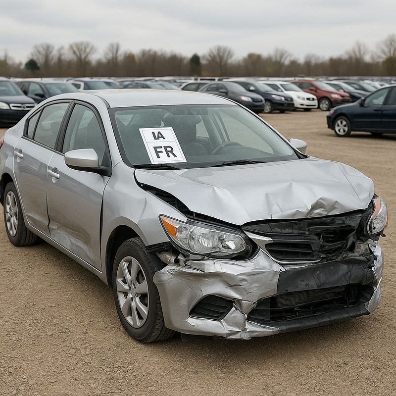 Photo of a salvage car at an auction showing front, rear, and side damage with a visible damage code tag