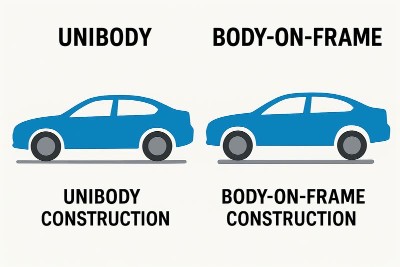 Diagram ilustrujący różnicę między konstrukcją samonośną w przypadku crossoverów i konstrukcją ramową w przypadku SUV-ów.