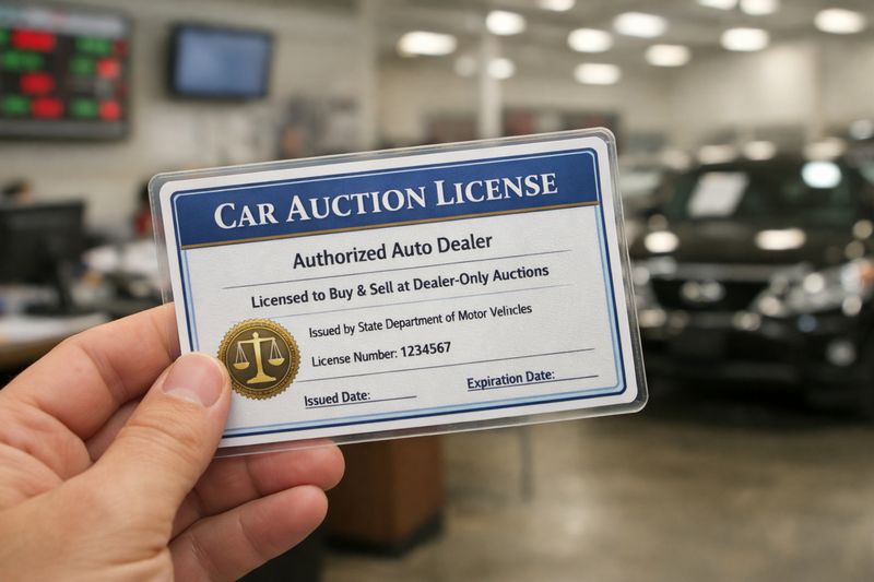 Photo showing a car auction license certificate for a dealer at a vehicle auction.