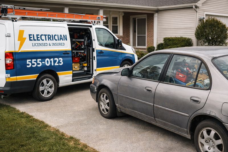 Photo comparing a professional branded company van with an old personal car filled with equipment at a client location.