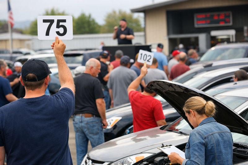 Photo of a public car auction with buyers inspecting vehicles and placing bids.