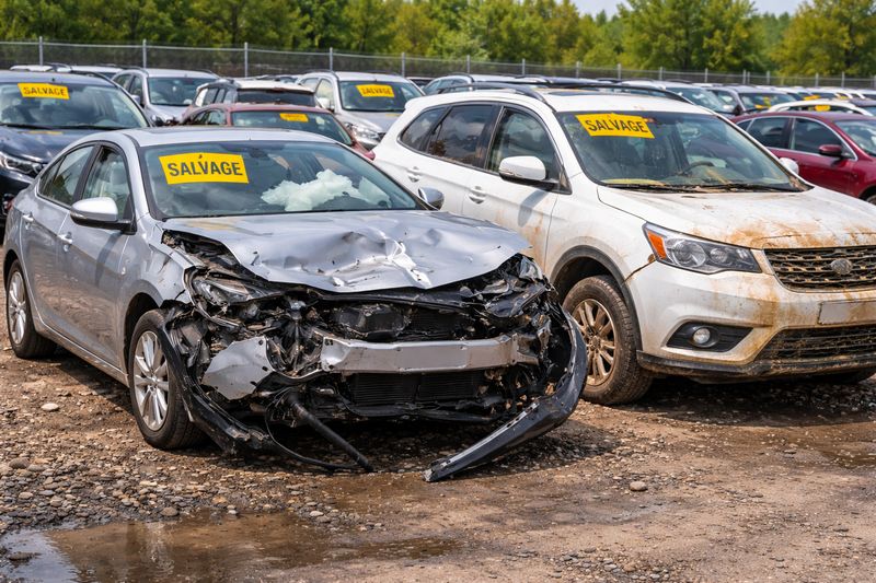 Photo of a damaged car with salvage title at an auction, illustrating common reasons vehicles are labeled salvage.