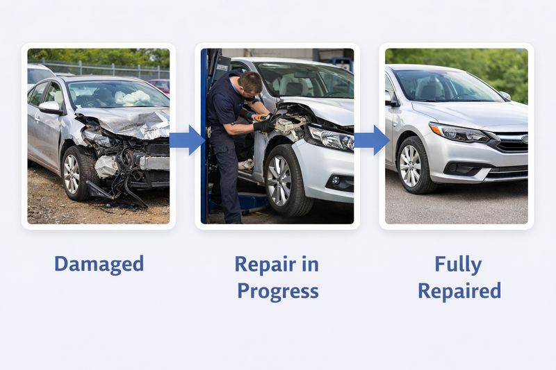 Infografía que muestra fotos del antes, durante y después de la reparación de un coche siniestrado para ilustrar la documentación necesaria para el seguro.
