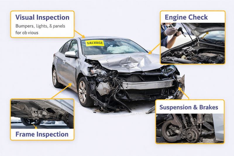 Illustration showing how to inspect a salvage car, highlighting key areas for damage assessment like frame, engine, and body panels.