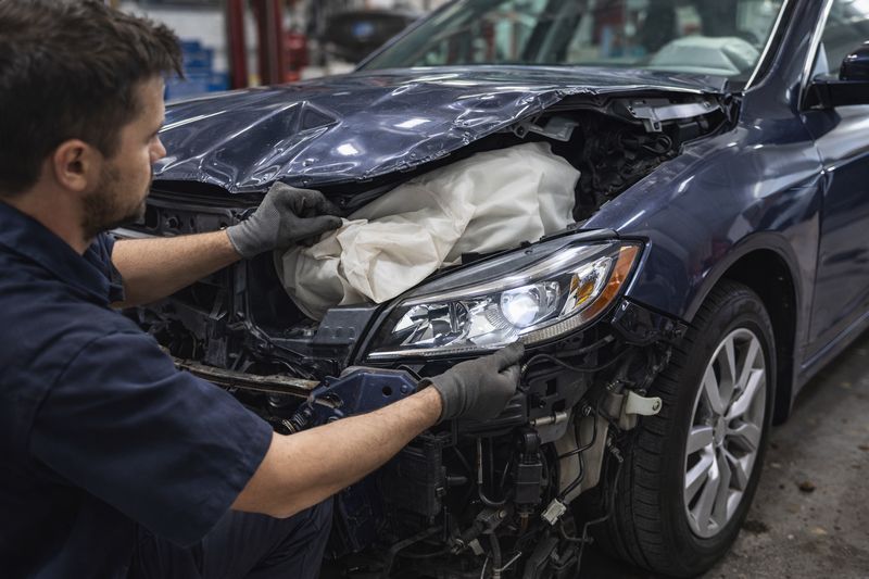 Mechanik naprawiający pojazd uszkodzony w garażu, pracujący nad panelami nadwozia i elementami bezpieczeństwa.