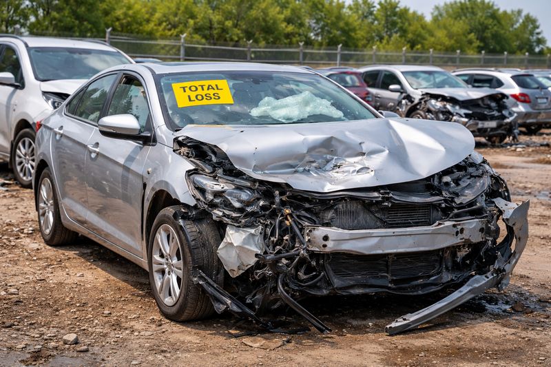 Fotografía de un coche gravemente dañado en un desguace, que ilustra un vehículo declarado pérdida total.