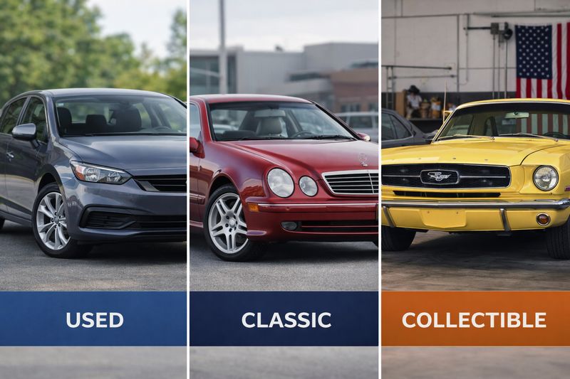 Comparison image showing a used car, a young classic car, and a collectible vintage car to explain differences in car categories