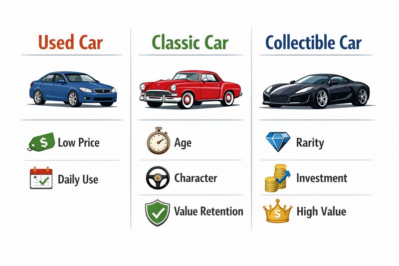 Infographic explaining differences between used, classic, and collectible cars based on price, rarity, and purpose
