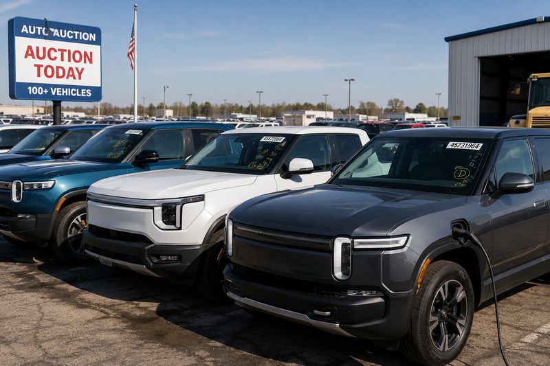 Modern electric pickup trucks at a U.S. auto auction showing popular EV truck models for budget buyers
