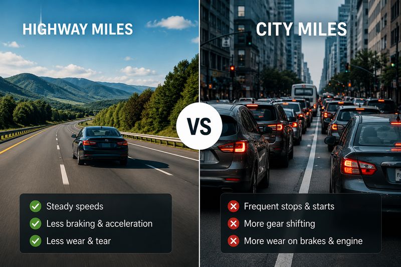 Comparación del impacto de la conducción en carretera y en ciudad en el kilometraje de los coches usados.