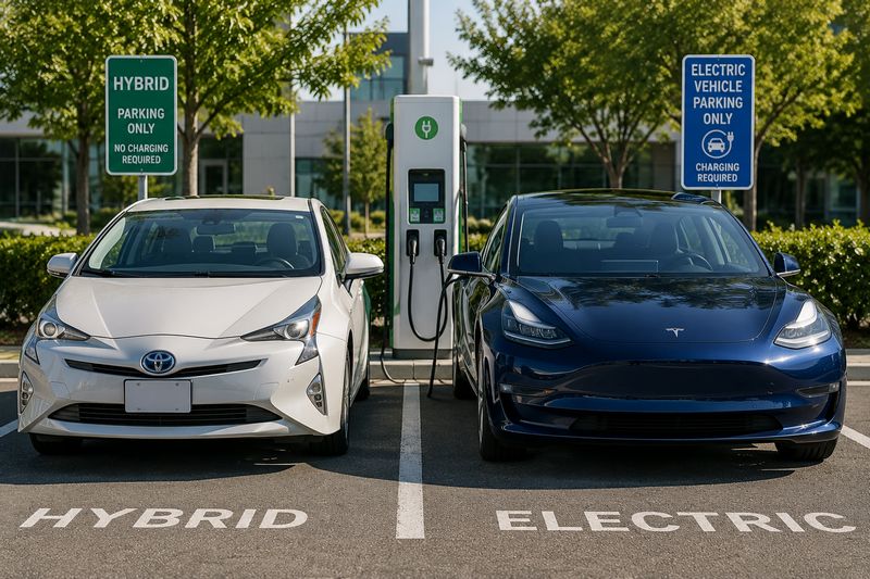 Hybrid car and electric vehicle parked near EV charging stations for comparison
