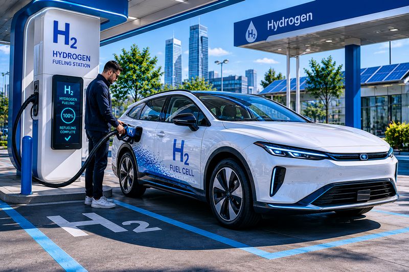 Hydrogen fuel cell vehicle refueling at a hydrogen station with fast fueling technology