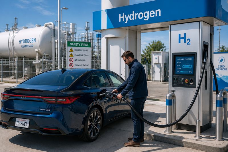 Hydrogen vehicle being refueled at a modern hydrogen fueling station with high-pressure fueling equipment