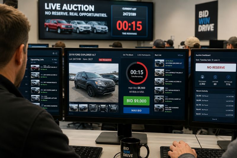 Subasta de automóviles en línea sin precio de reserva con pujas en vivo por vehículos usados ​​y siniestrados.