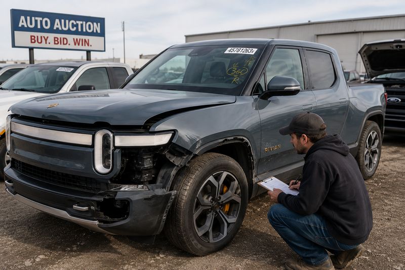 Lightly damaged electric pickup truck at a salvage auto auction being inspected before purchase
