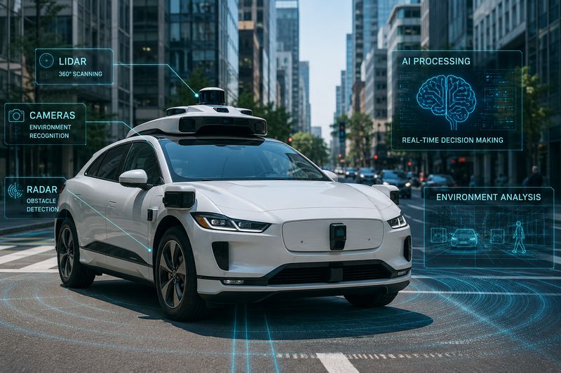 Self-driving car using cameras, sensors, radar, and artificial intelligence to navigate a city street
