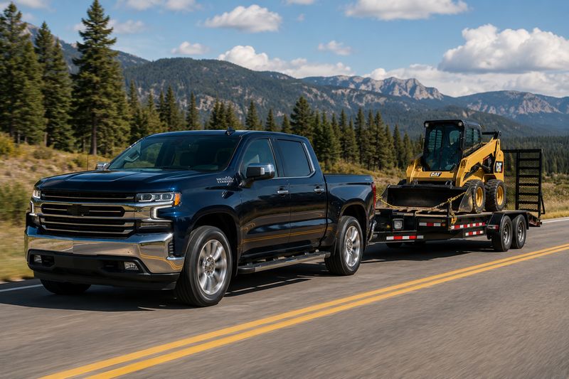 Pickup truck with air suspension towing a trailer while maintaining a level ride height.