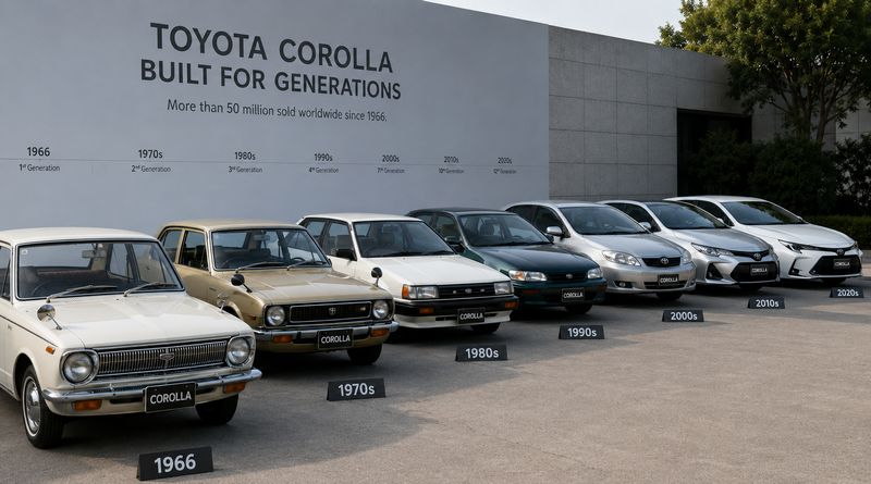 Toyota Corolla generations displayed together, representing the world's best-selling car with over 50 million units sold