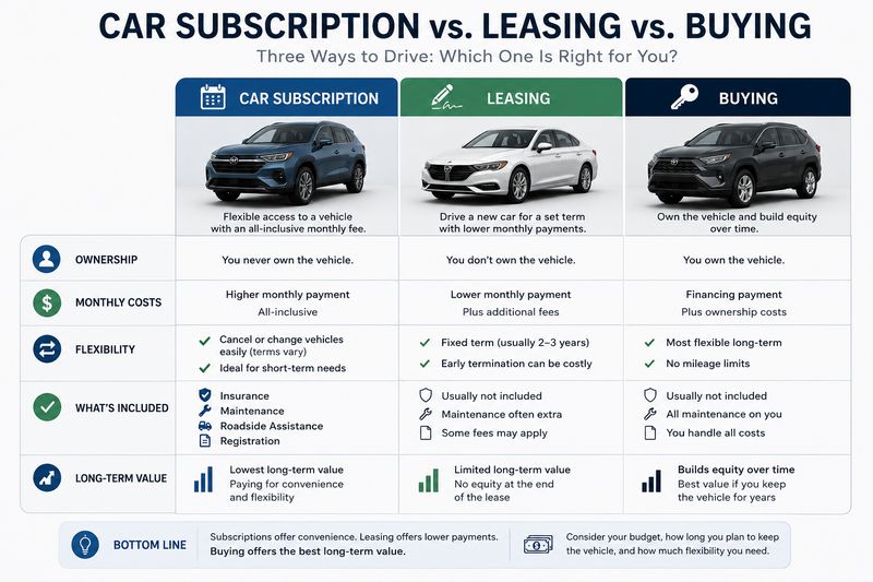Infographic comparing car subscription, leasing, and buying options for vehicle ownership and costs.