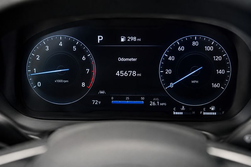 Digital vehicle dashboard showing an odometer reading and total mileage information.