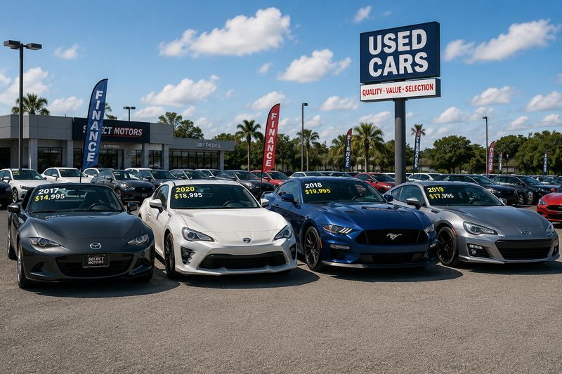 Reliable used sports cars including a Mazda MX-5 Miata, Toyota GR86, Ford Mustang GT, and Subaru BRZ at a dealership.
