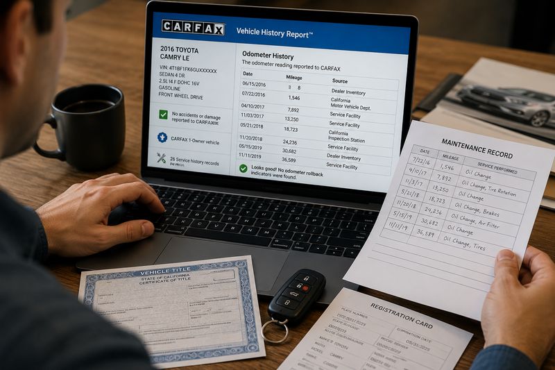 Buyer checking vehicle history reports and mileage records before purchasing a used car.